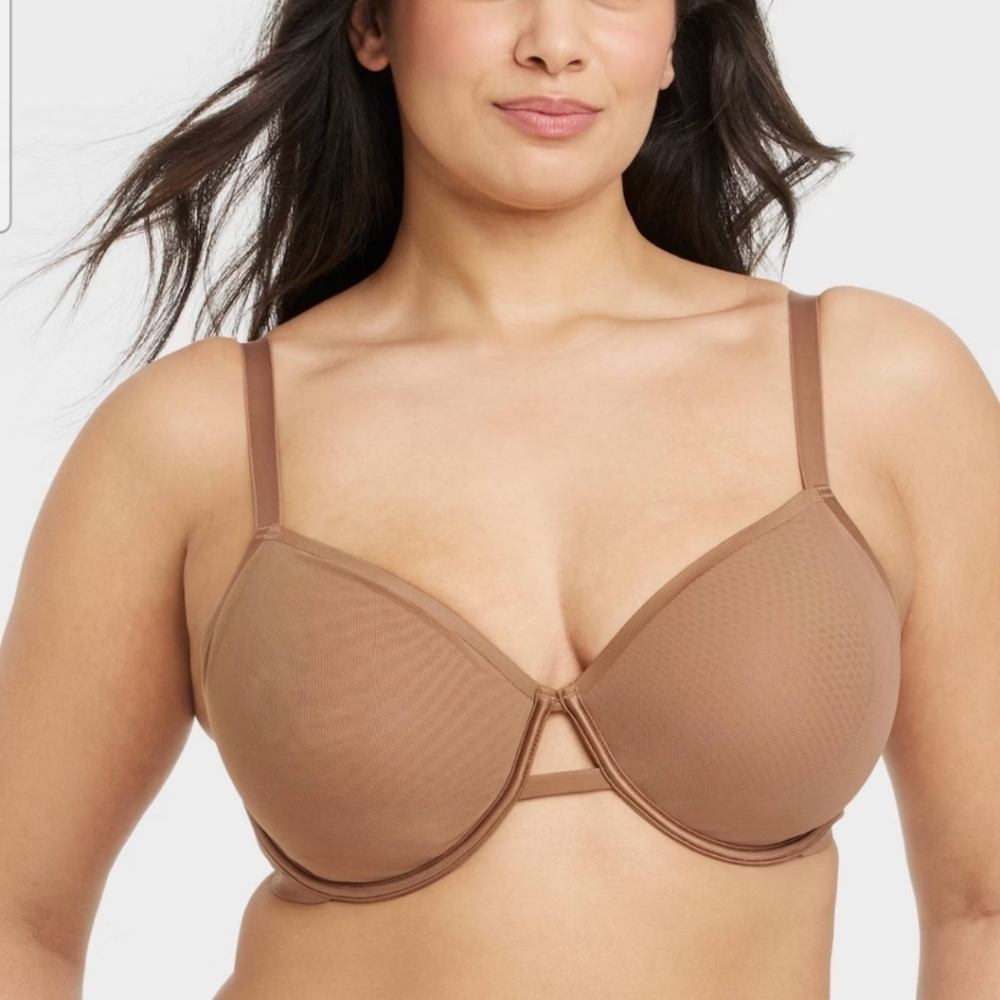 Women's Mesh Unlined Bra - Auden Brown 42C: Adjustable Strap, Underwire, Sheer